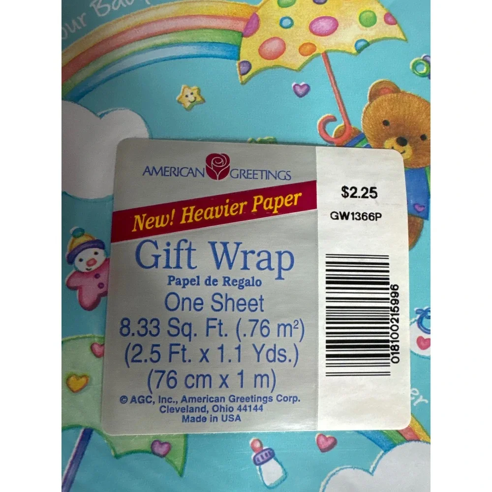 Vintage American Greetings Baby Shower Gift Wrap 2 Sheets Blue Bear Rainbows NEW